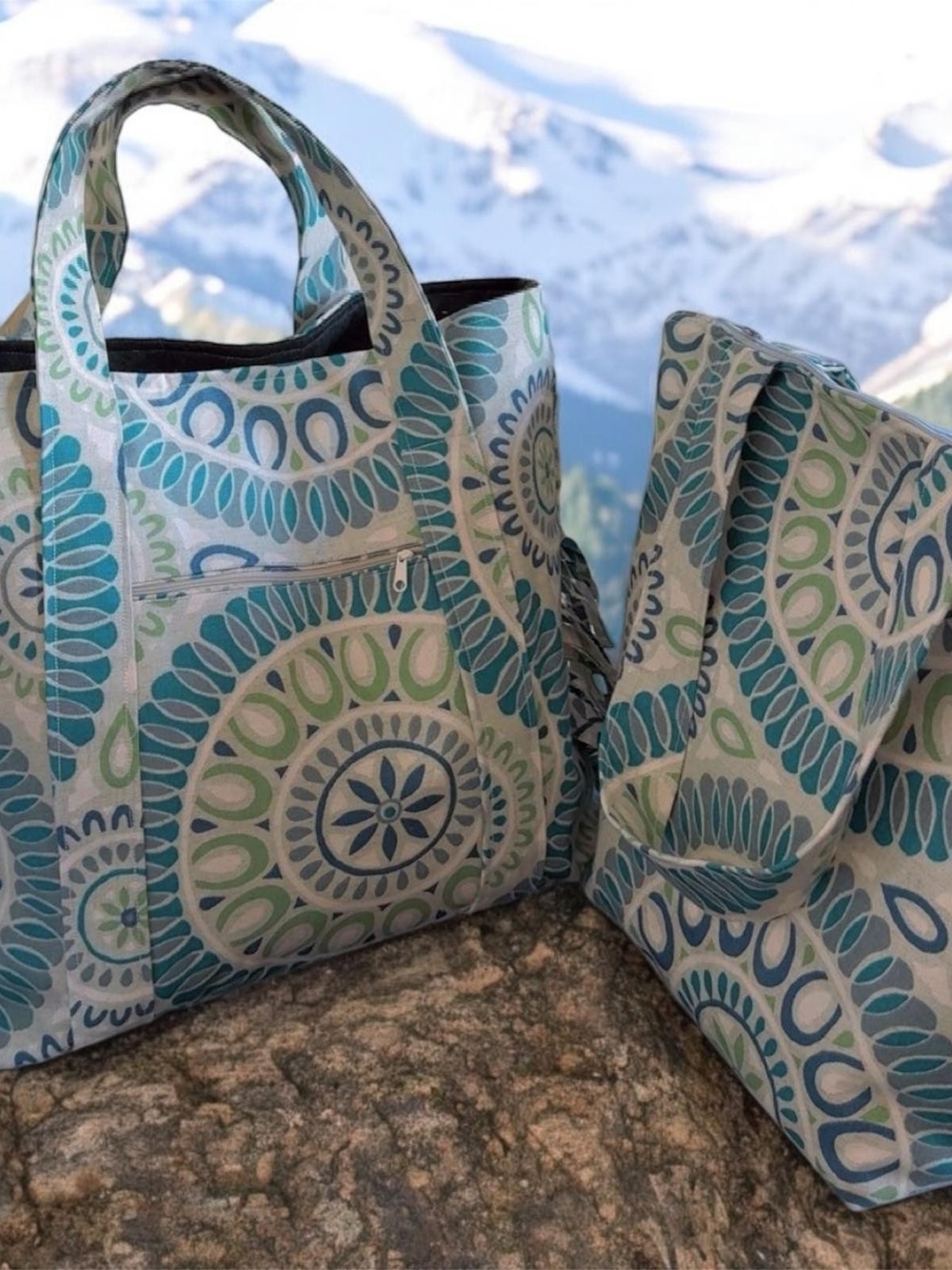 Patterned Canvas Tote Bag in Teal & Light Green